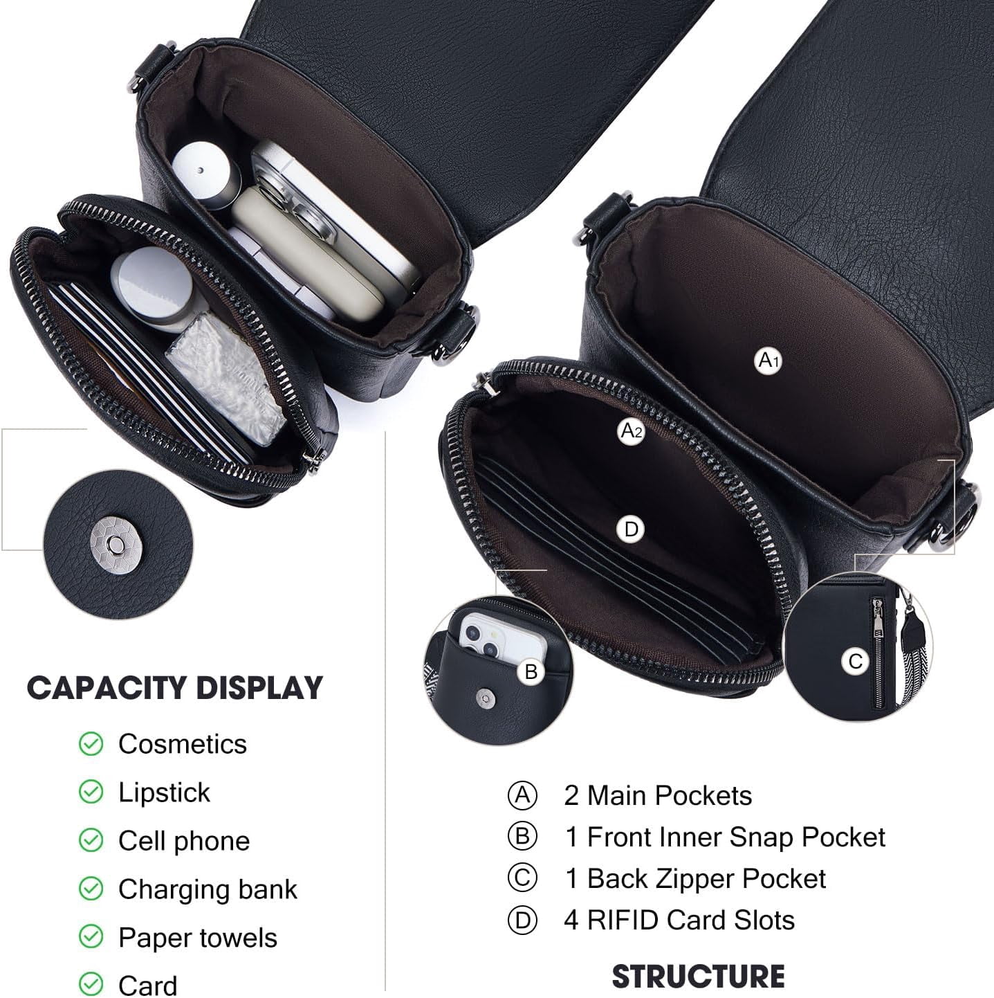 Lohol Small Crossbody Bags for Women Trendy,Leather Triple Compartment Cell Phone Crossbody Wallet Purses with Card Slots（black）