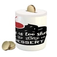 thumbnail image 1 of Dessert Piggy Bank, Life is too Short to Skip Dessert Wordsd Muffin Silhouette with Cherry, Ceramic Coin Bank Money Box for Cash Saving, 3.6" X 3.2", Red Black and White, by Ambesonne, 1 of 4