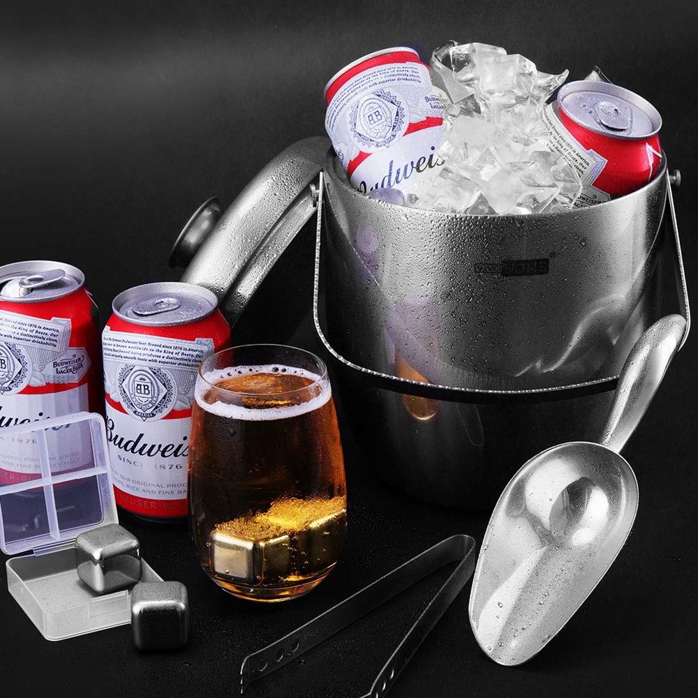 Stainless Steel Doule Wall Insulated Ice Bucket Set with Lid Tongs