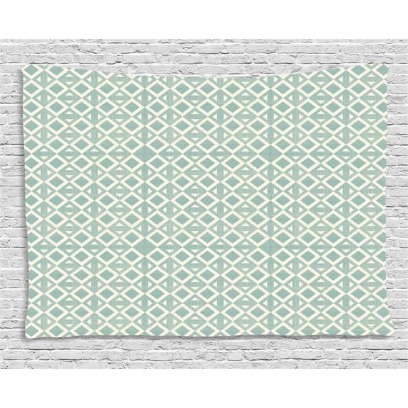 Abstract Tapestry, Triangles and Rhombuses Retro Style Arrangement Geometric Composition, Wall Hanging for Bedroom Living Room Dorm Decor, 80W X 60L Inches, Seafoam and Off White, by Ambesonne