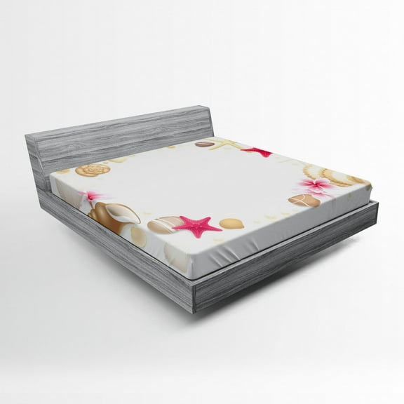 Pearls Fitted Sheet, Frame with Seashells Starfish Stones Frangipani Exotic Flower Pattern Print Art, Soft Decorative Fabric Bedding, Queen Size, Beige Fuchsia, by Ambesonne