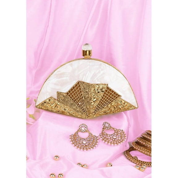 Different Craft India Handcrafted original/natural Seashell inlaid Clutch bag Gold Wedding Designer Handbag for Women