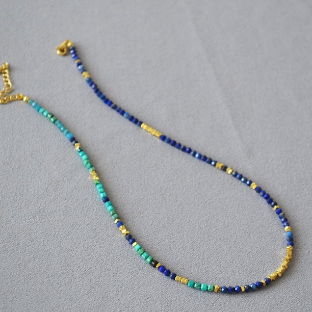 Collar de cadena fina con cuentas irregulares de plata y lapislázuli y piedra fénix vintage con diseño de nicho para mujer