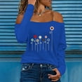 thumbnail image 2 of IROINNID Women's Off-The-Shoulder Loose Comfortable Pullover Print Long Sleeve Trendy Blouses Tops,Blue, 2 of 3