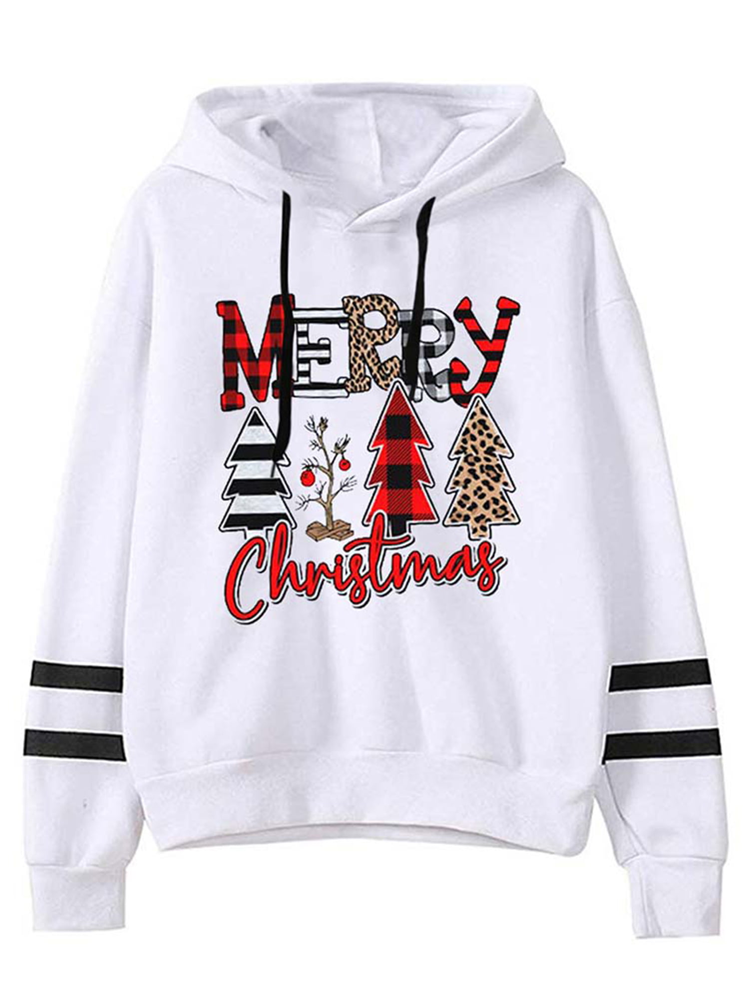 Hotkey Women Christmas Long Sleeve Hoodie Sweatshirt Plaid Print Color Splice Hooded Pullover Casual Loose Tops Jumper Blouse 