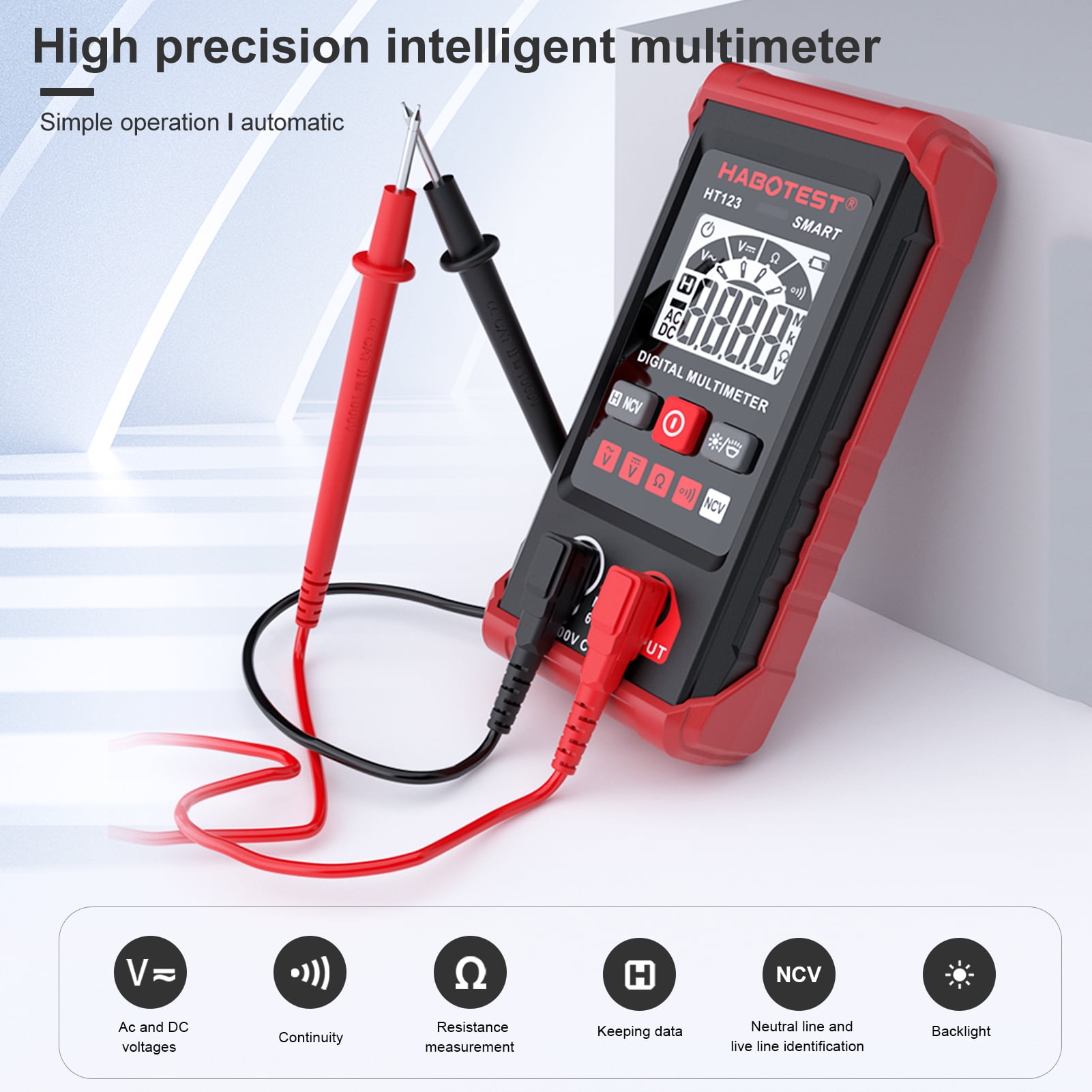 Multímetro Digital HABOTEST HT123 – Voltímetro, Ohmímetro, Probador AC/DC, True RMS, Con Retroiluminación