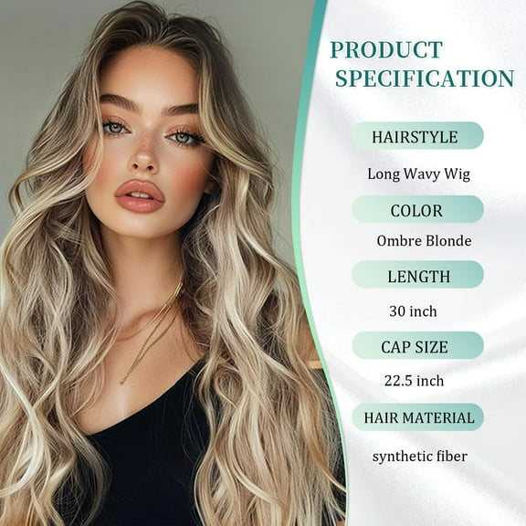 FGERFE-Ombre Blonde Long Wavy Wig 28 Inch Middle Part Wavy Synthetic Wigs for Women Natural Looking Heat Resistant Fiber Wig for Daily Party Use