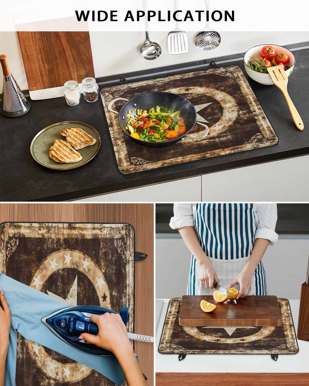 nqOlkjepod Large Induction Cooktop Protector Mat 24"x21", Brown Star Texas Stove Top Covers for Electric Stove, Vintage Western Country Wooden Stove Burner Cover Mats, Glass Top Stove Cover