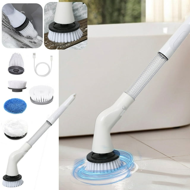 Cepillo de limpieza eléctrico de alta velocidad con 5 cabezales reemplazables y mango extensible ajustable. Cepillo de limpieza potente para baldosas de baño. Cepillo de limpieza eléctrico blanco.