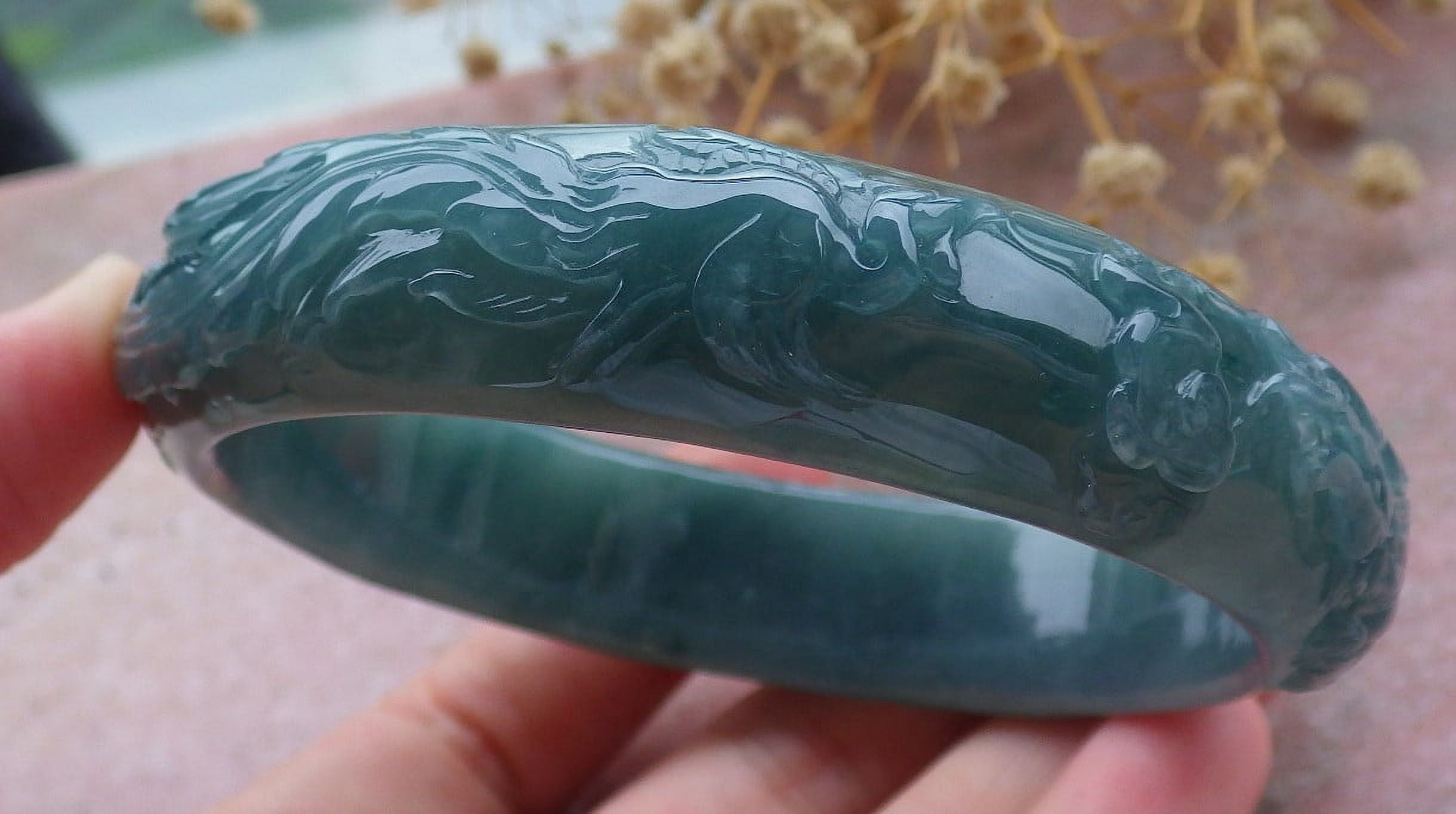 Icy Green Natural A JADE Jadeite Dragon Phoenix Bangle Bracelet 65 mm 679500 TN