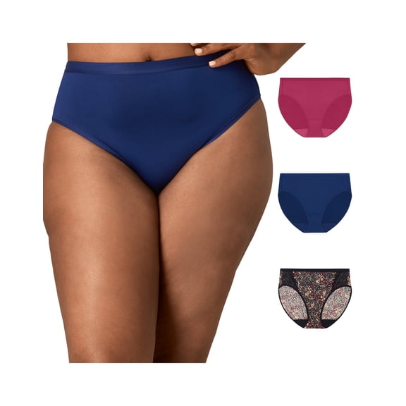Playtex Microfiber High-Cut Underwear Pack, Moisture-Wicking, 3-Pack (Plus Sizes) Digital Rose/Navy/Noten Floral 2XL Women's