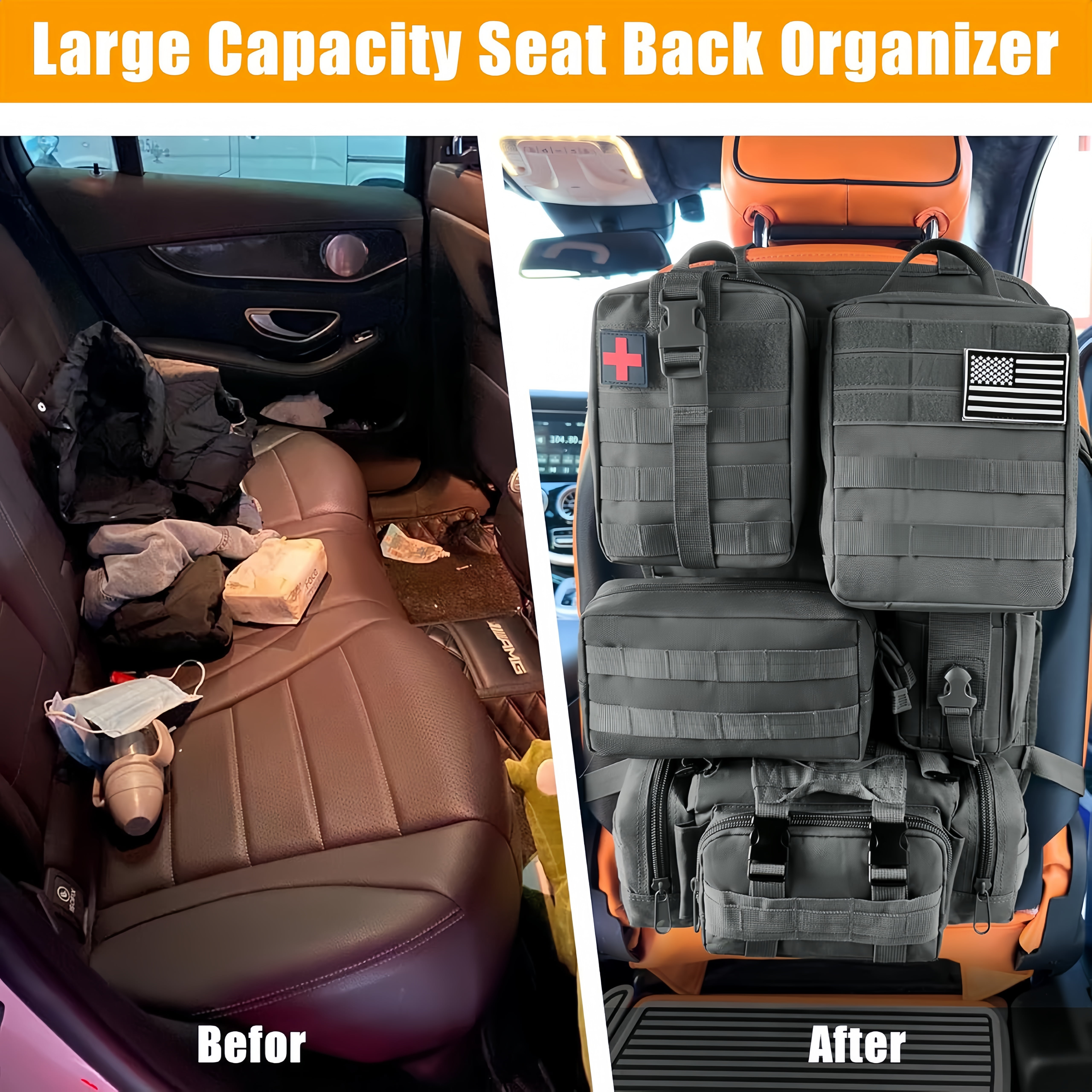 Universal Tactical Car Seat Back Organizer Bag,Molle Seat Back Organizer Panel with 5 Detachable Molle Pouches,Car Panel Organizer for Car Truck Ford Jeep Vehicle