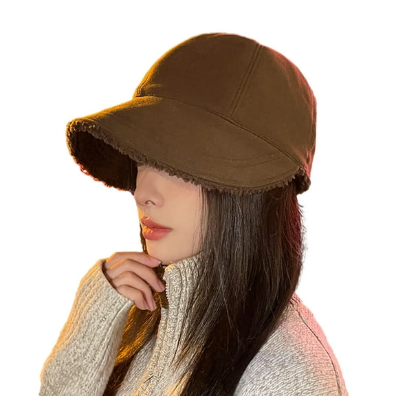 Deyuer Women Winter Hat Thick Soft Plush Solid Color Wide Long Brim Soft Anti slip Sun Fisherman Hat Cold Resistant Outdoor Peaked Hat