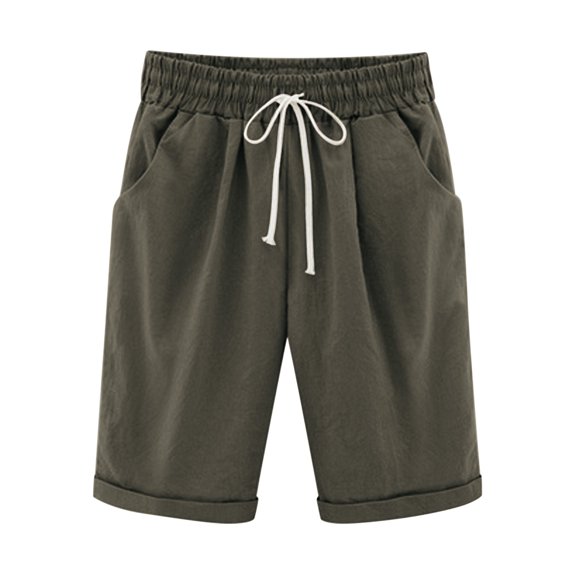 aohooy Women Bermuda Shorts Dressy Elastic Waist Knee Length Casual Cotton Linen Shorts with Drawstring Beach Straight Leg Short Pants Brown,XL