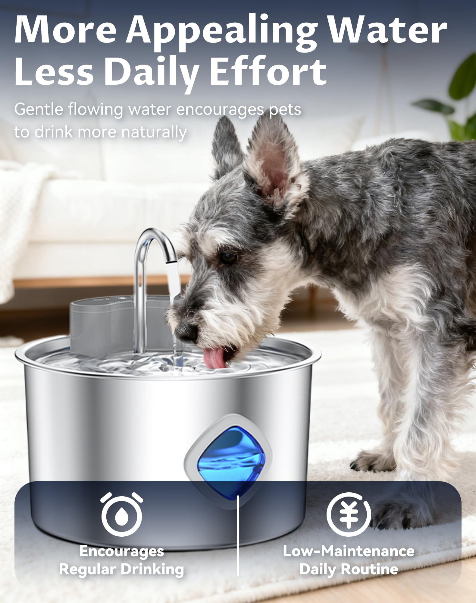 WAAYEE Motion‑Sensor Cordless Dog Water Fountain, 3.2L Rechargeable Pet Water Bowl, 3 Smart Dispensing Modes, Quad Filtration & Continuous Water Flow, Stainless Steel Easy‑to‑Clean, Quiet Pump