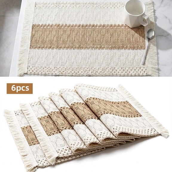 12"x20" Boho Placemats Set of 6, Macrame Table Decor Farmhouse Style Placemats in Natural Cotton Burlap for Kitchen Dining Table Centerpiece Home Decor