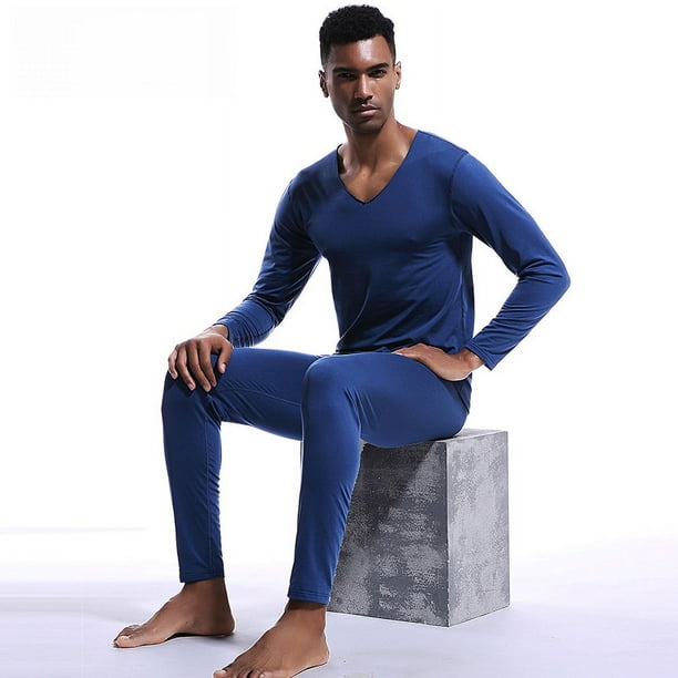 Ropa y pantalones de otoño para jóvenes, conjunto de ropa interior térmica de base gruesa de cachemira fina sin costuras con cuello en V de color sólido para hombres