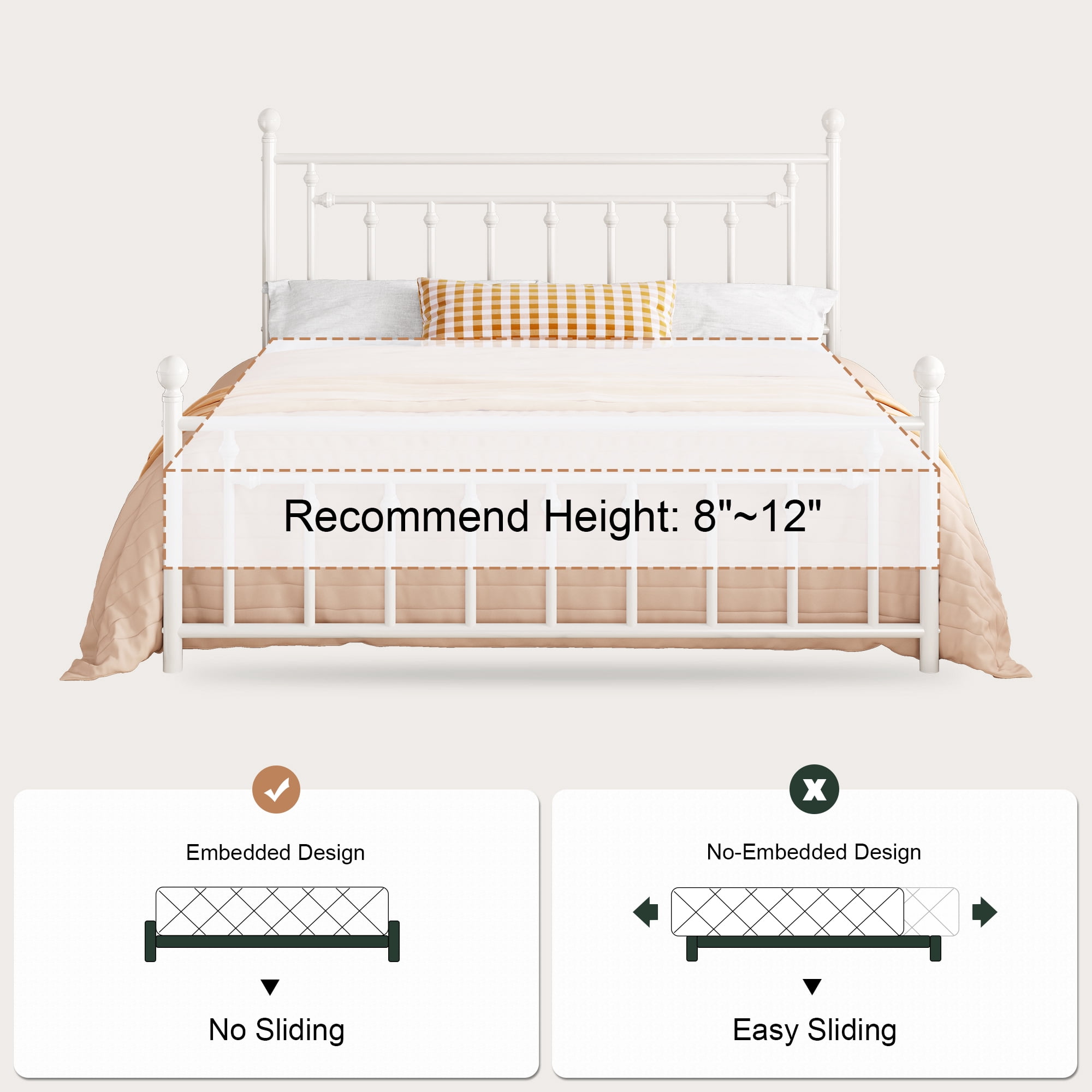 Amolife King Bed Frame, Metal Platform Bed with Vintage Headboard & No Box Spring Needed, White