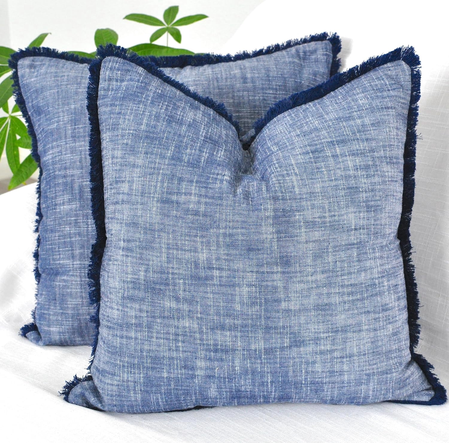 18×18 Blue Organic Cotton Throw Pillow Covers With Decorative Fringe Boho Farmhouse Cushion Cover with Tassels Linen Like Textured Accent Pillowcases for Bed Couch Chair Sofa Living Room, Set of 2
