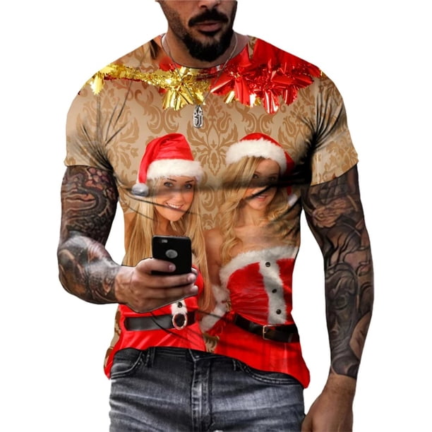 Camisetas navideñas con estampado 3d divertido de Papá Noel, camisetas de gran tamaño, camisetas para hombre, camisas informales de vacaciones de verano con cuello redondo, ropa Harajuku para hombre