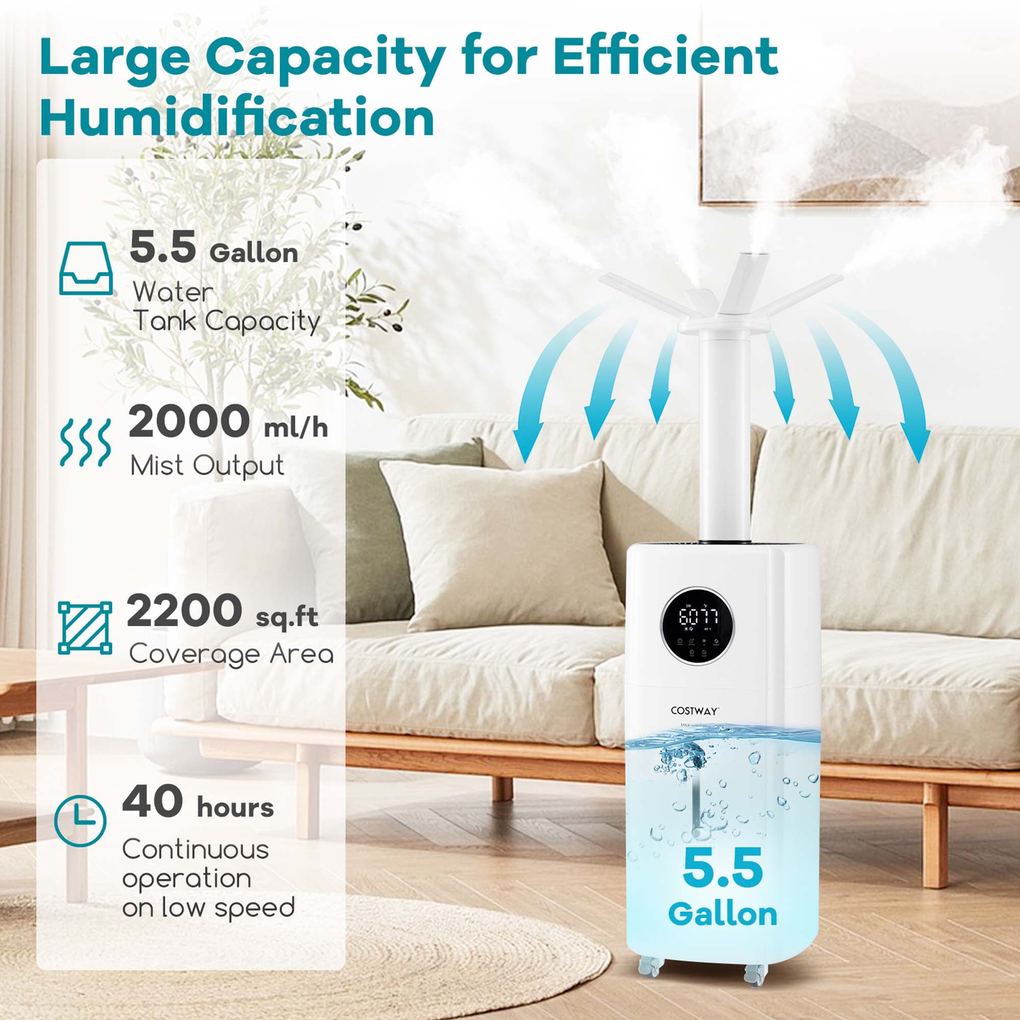 Costway 2200 sq.ft Whole House Humidifier 5.5Gal Top Fill Cool Mist Humidifier with Wheels