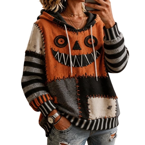 Trgacdwlo Halloween Fleece Hoodies for Women Retro Face Print Color Block Women's Pullover Sweaters Spooky Season Fall Winter Fuzzy Streetwear Sweatshirt for Women