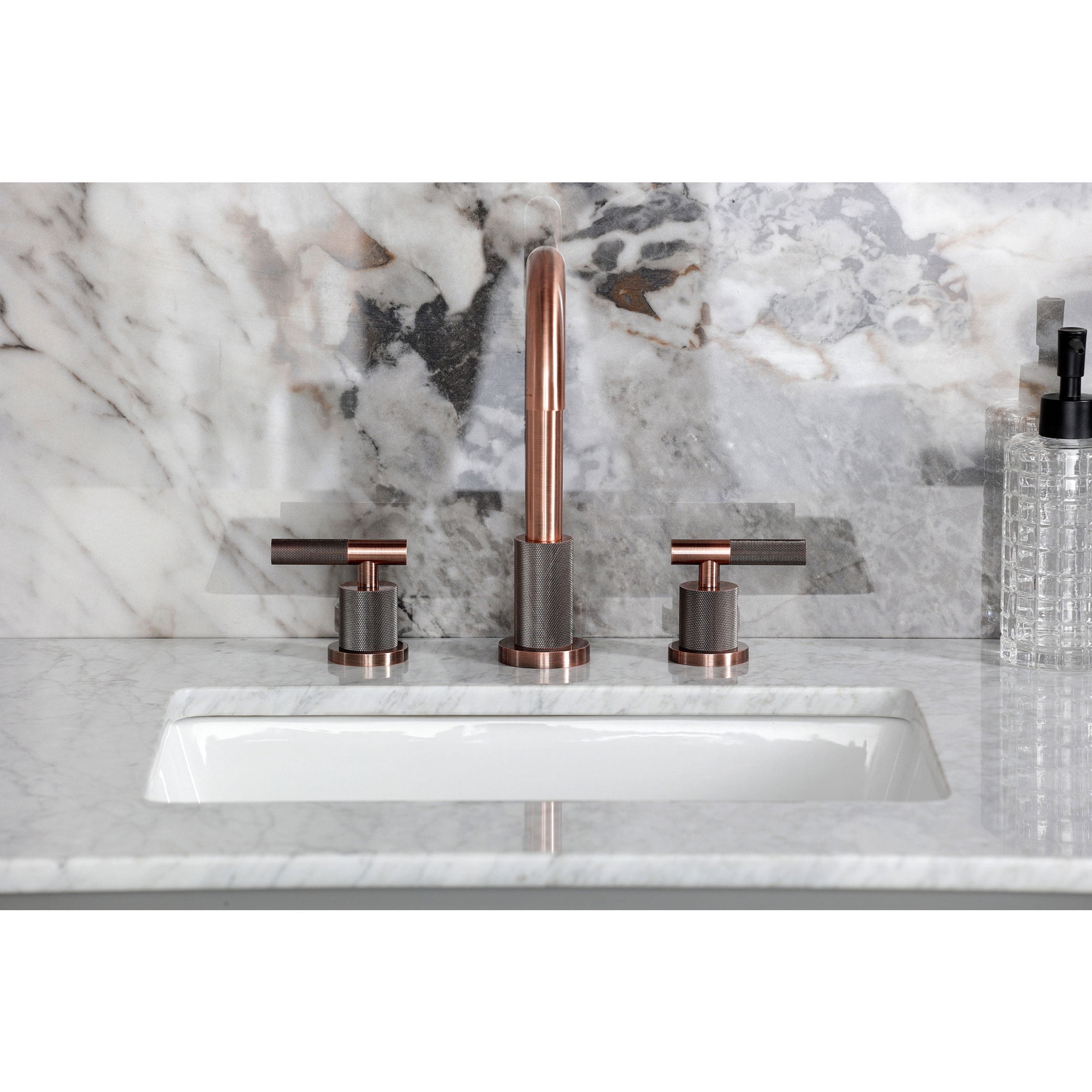 Kingston Brass FSC892KNLAC Convergent Two-Handle 3-Hole Deck Mount Widespread Bathroom Faucet with Knurled Handle and Brass Pop-Up in Antique Copper
