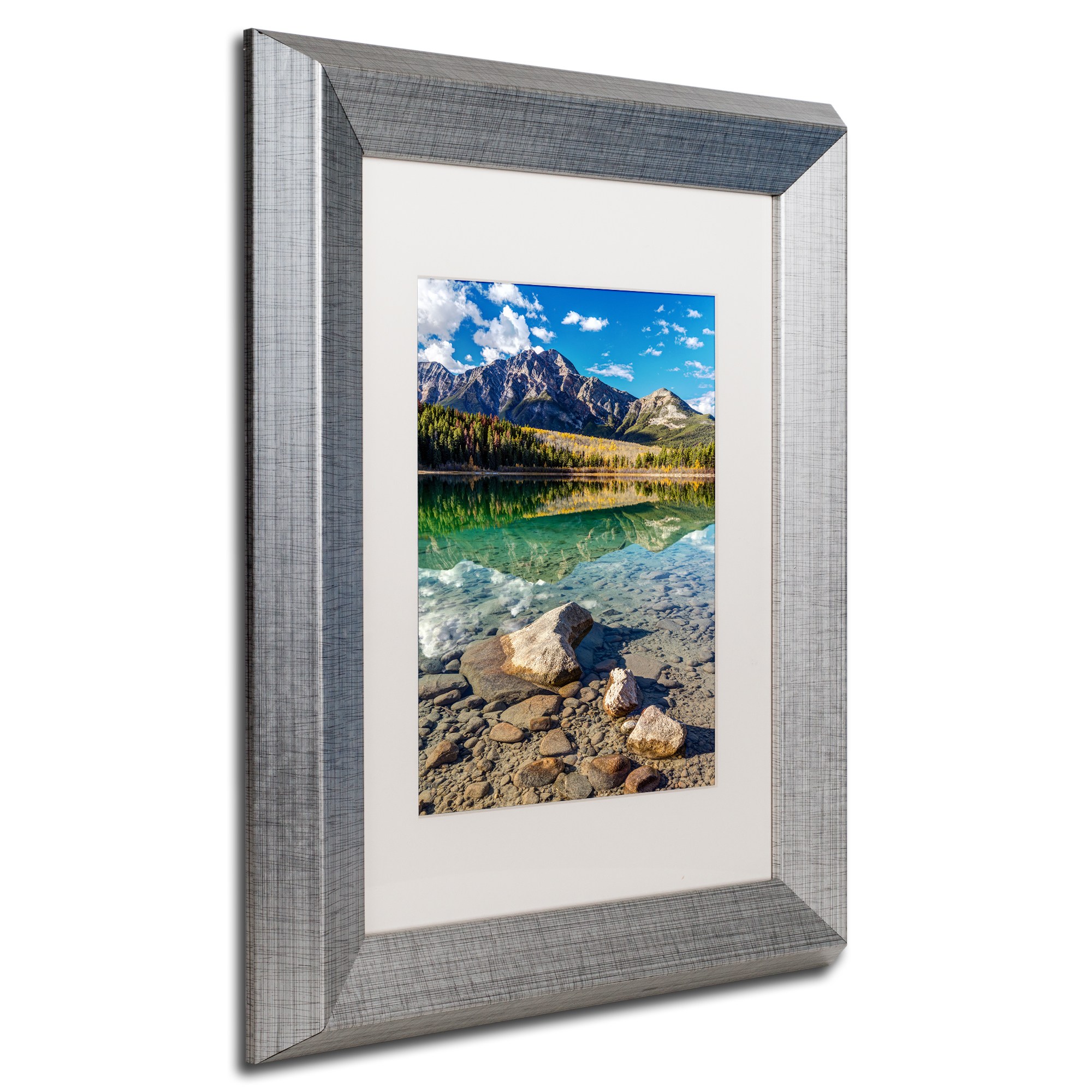 Trademark Fine Art 'Pyramid Mountain Reflection' Canvas Art by Pierre Leclerc, White Matte, Silver Frame