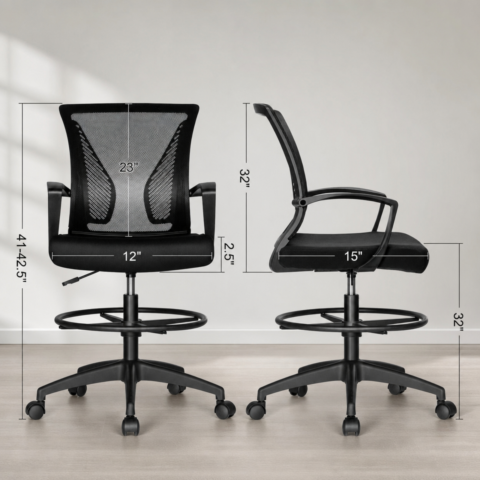 Fenbeli Drafting Chair Tall Office Chair with Lumbar Support and Adjustable Footrest Ring, Black