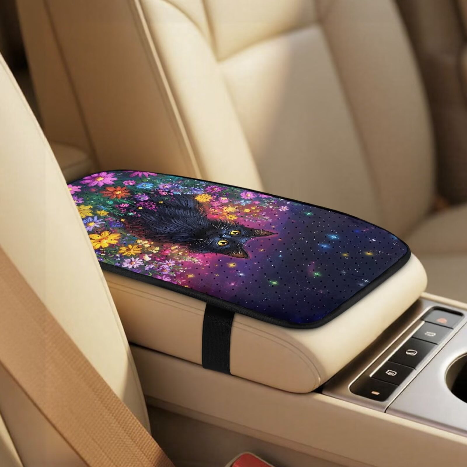 Xixirimido Car Seat Cover Set of 5 Pieces Front Seat Covers with Matching Seat Belt and Center Console Covers PU Leather Fits Most Vehicles, Black Cat Colorful Daisy