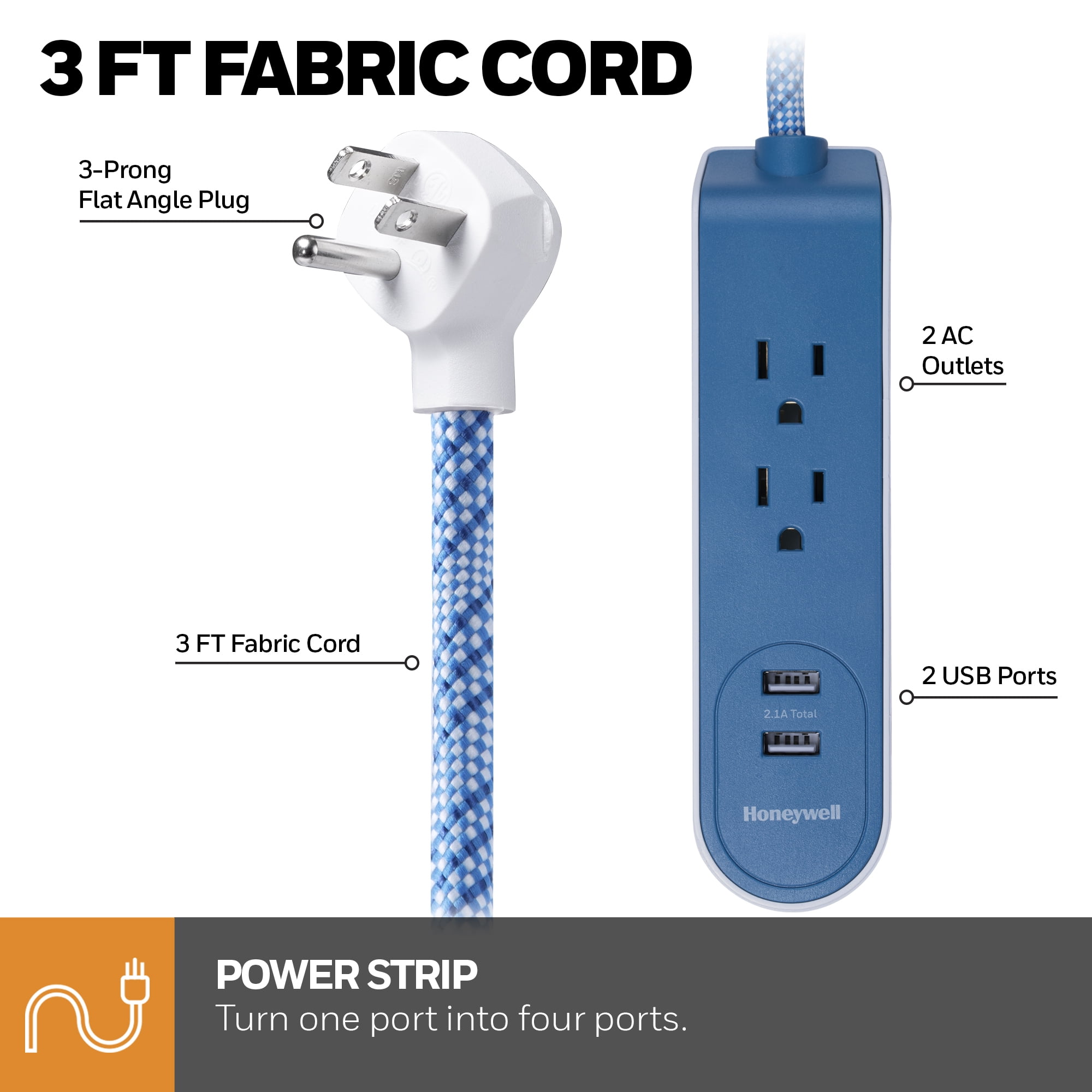Honeywell 3 ft. Fabric Power Strip with 2 AC & 2 USB Ports (2.1A), 45° Angled Flat Plug (Blue/White)