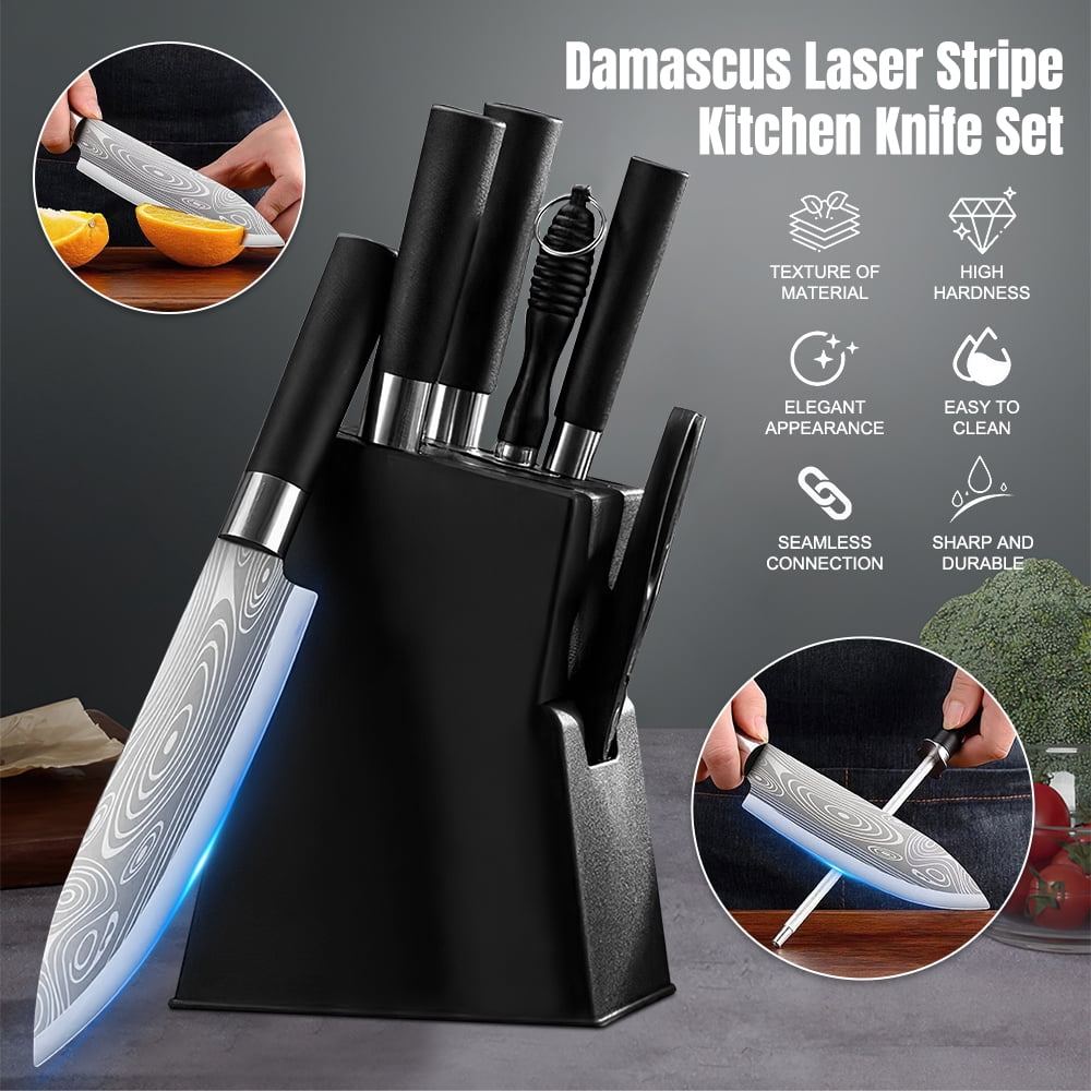 MDHAND 7-Piece Kitchen Knife Set with Block, Damascus Pattern Stainless Steel