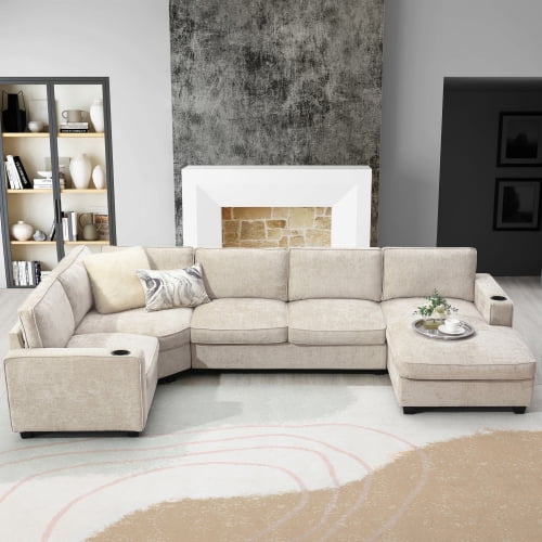 117.5" U-Shaped Chenille Sectional Sofa, 6-Seat Corner Couch Set with Cup Holders & Oversized Chaise Lounge, Irregular Corner Design for Living Room & Apartment, Beige