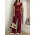 thumbnail image 5 of PRETTYGARDEN Women's 2 Piece Matching Lounge Sets Ribbed Short Sleeve Crop Tops Wide Leg Pants Summer Airport Outfits, 5 of 10