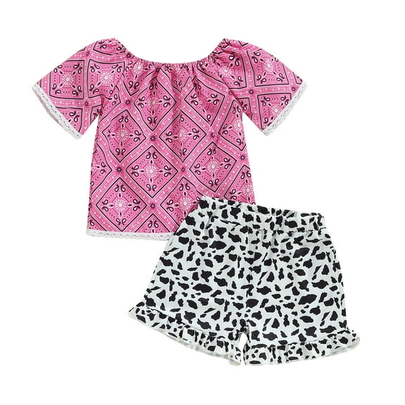 Aojekbee Little Girls Summer 2PCS Sets Short Sleeve Off Shoulder Tops Cow Print Shorts Sets