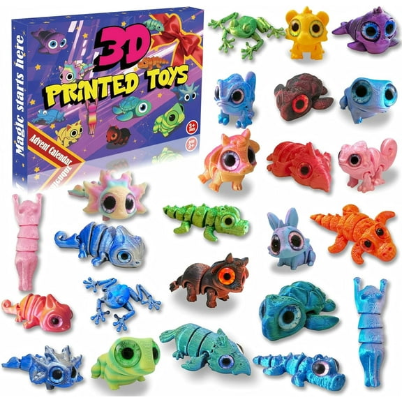 2025 Mini 3D Printed Animals Christmas Advent Calendar, 24PCS Articulated Flexible Figurines Toy Set with Shining Eyes, The best gift for children, Christmas gifts