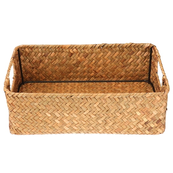 KONTONTY Rectangular Woven Seagrass Storage Basket with Handle for Kitchen and Wardrobe