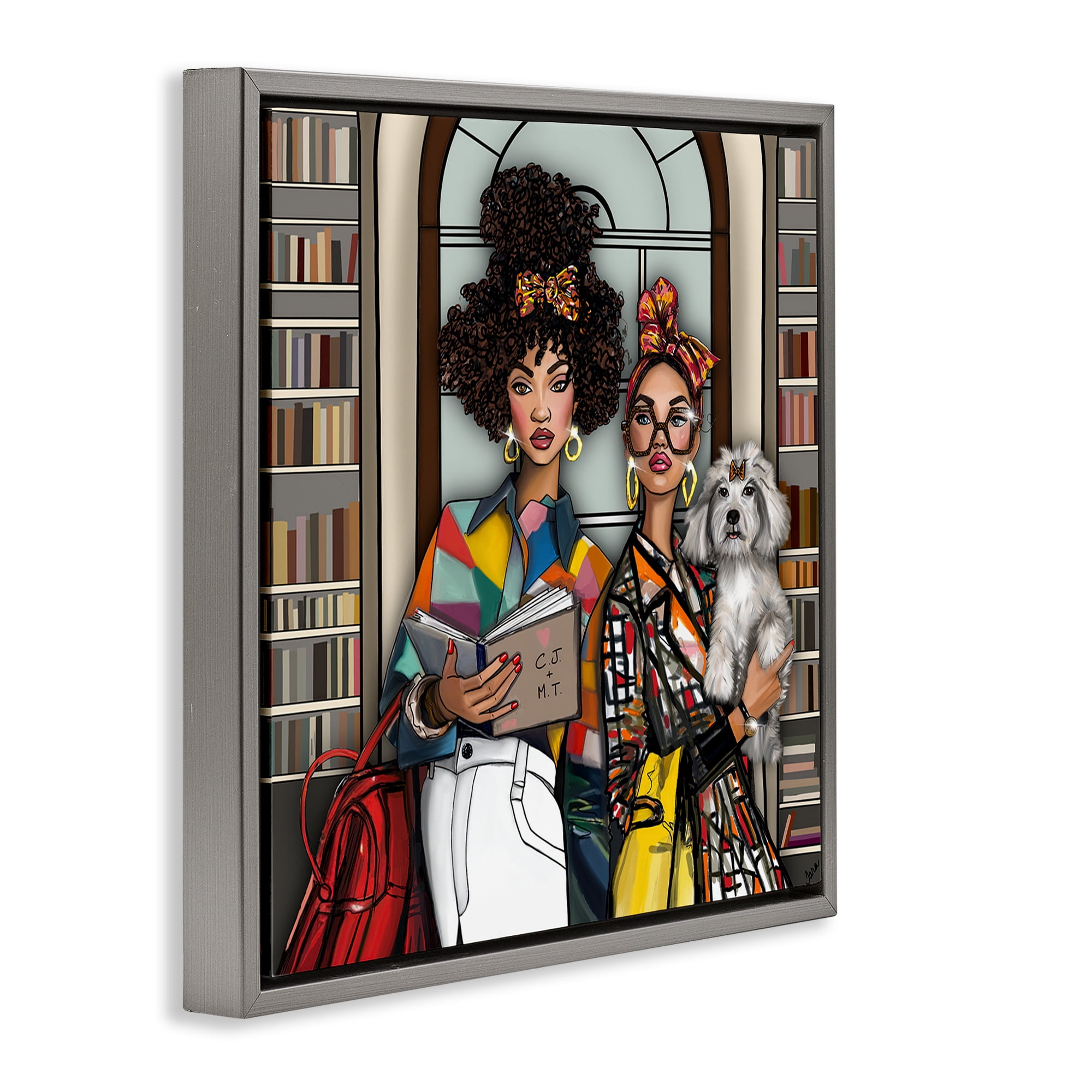 Stupell Industries Bookish Girls at Library Gray Framed Floater Canvas Wall Art, design by Tara Boone