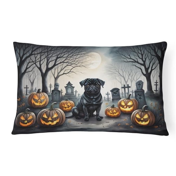 16 x 12 in. Unisex Black Pug Spooky Halloween Fabric Decorative Pillow