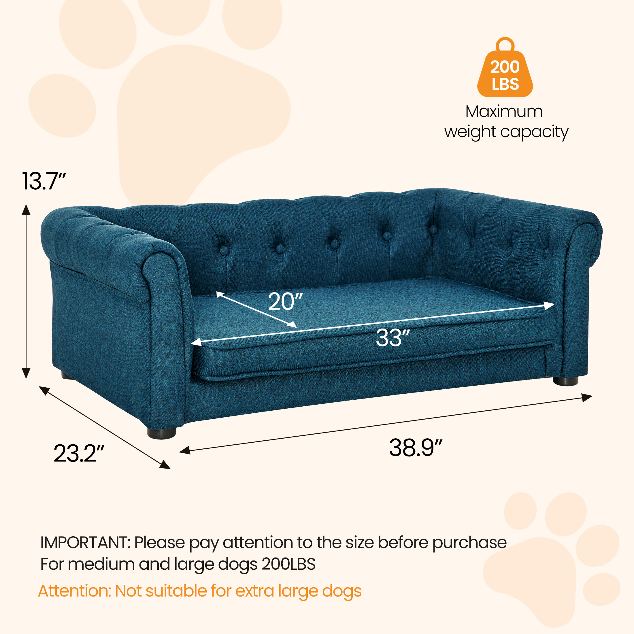 Aukfa Dog Beds for Medium and Large Dog, 33" Elevated Pet Sofa Bed Support up to 200 lbs, Blue