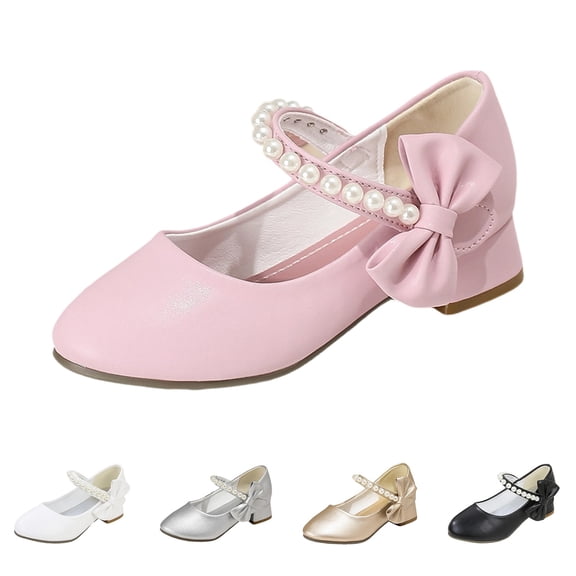 Dpytoraw Girls Pearl Bow Low Heel Mary Jane Shoes, Little/Big Kids Princess Girl Wedding Dress Shoes Sizes 11
