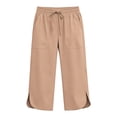 thumbnail image 5 of Floleo Women's solid cropped pants with elastic drawstring waist side pockets and side slits for summer casual daily wear relaxed fit capri trousers, 5 of 7