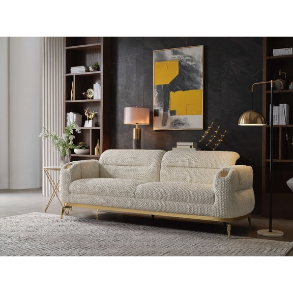 Modern Cream Wood Sofa with Gold Accents (220×80×75cm)