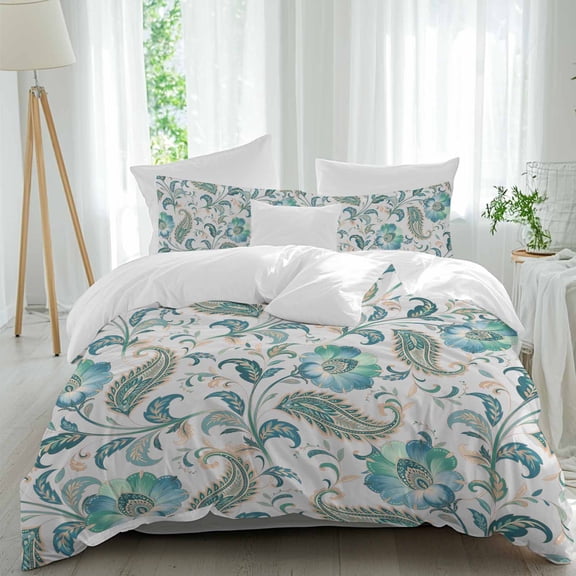 3 Piece Teal Paisley Floral Duvet Cover Set Queen Size, Microfiber Comforter/Quilt Cover with Corner Ties and 2 Pillowcases, Boho Ethnic Tribe Traditional All Season Soft Bedding with Zipper Closure