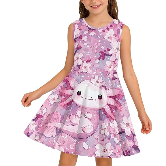 Bobifish Big Girls Dress Round Neck Sleeveless Skater Dress A-Line Waist Axolotl Cherry Blossom Printed Sundress