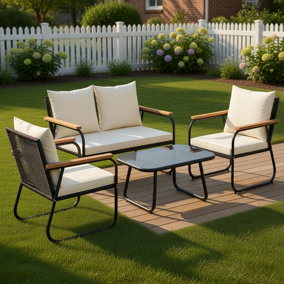 Yardi Yard 4 Pieces Patio Furniture Set, Patio Conversation Set with Tempered Glass Coffee Table for Outdoor as Yard, White