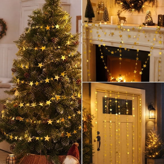 3 PCS Gold Christmas Star Garland Decorative Hanging Streamer, Paper Holiday Decor for Tree, Mantel, Wall, Doorway, Window and Festive Party Displays