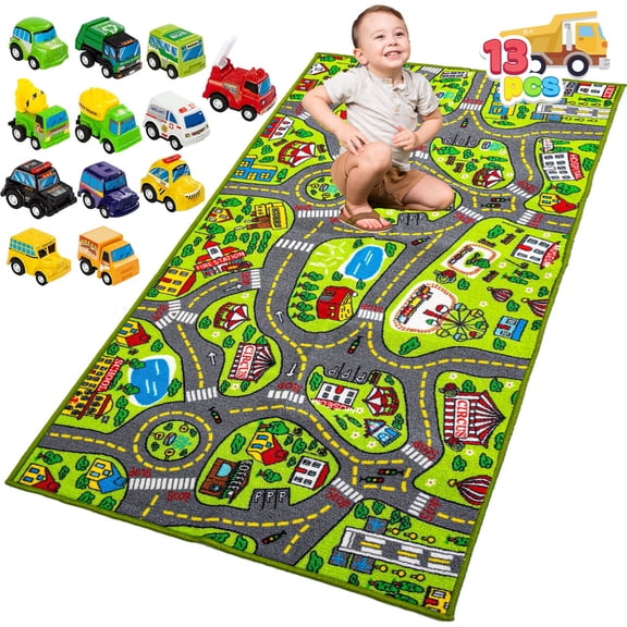 JOYIN Kids Play Rugs with 12 Pull-Back Vehicle Set, Durable Kids Carpet Playmat Rug, City Fun Play, Toddler Car Track Rug