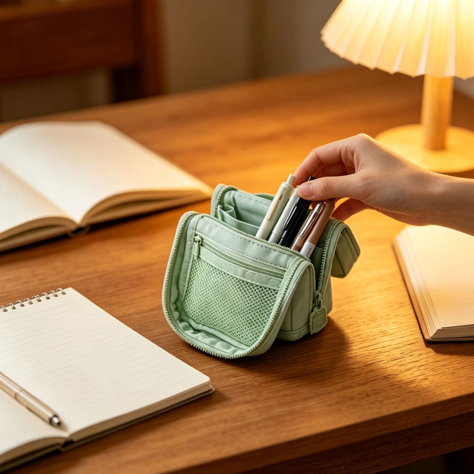 Roiihwy Standing Pencil Case Pouch with Multi Compartments, Large Capacity Pencil Bags with Zipper for Supplies and Office Organization(Green)