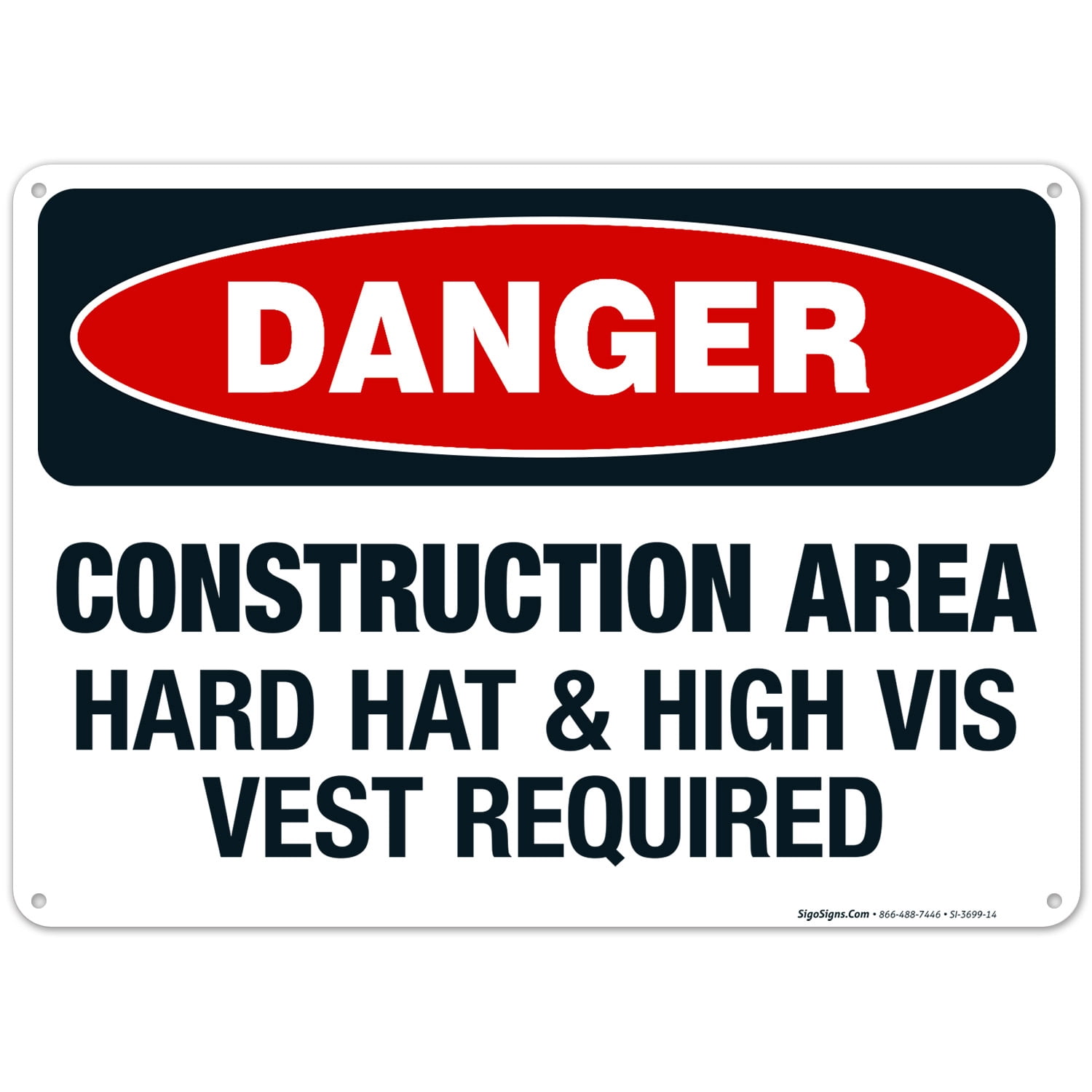 Construction Area Hard Hat & High Vis Vest Required Sign, OSHA Danger ...